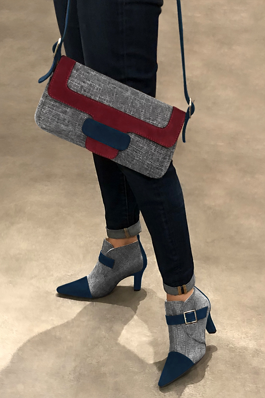 Navy blue and dark grey women's ankle boots with buckles at the front. Tapered toe. High kitten heels. Worn view - Florence KOOIJMAN